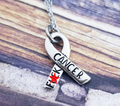 Fuck Cancer Ribbon Necklace - Fuck Cancer Necklace - Cancer Survivor Gift - Silver Cancer Ribbon Jewelry -Cancer Awareness Jewelry- F Cancer