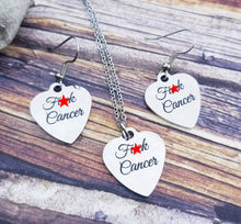 Load image into Gallery viewer, Fuck Cancer Necklace - Cancer Awareness Jewelry - Cancer Survivor Gift Set Fuck Necklace- Fuck Earrings Cancer Ribbon Jewelry Heart Necklace