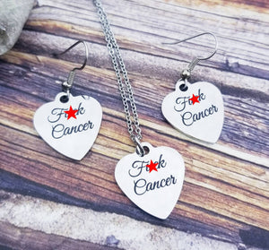 Fuck Cancer Earrings- Cancer Awareness Earrings - Cancer Survivor Gift Set Fuck Earrings- Fuck Earrings Cancer Ribbon Jewelry Heart Jewelry