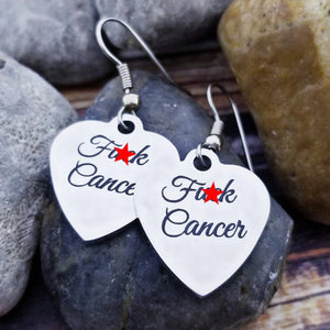 Fuck Cancer Earrings- Cancer Awareness Earrings - Cancer Survivor Gift Set Fuck Earrings- Fuck Earrings Cancer Ribbon Jewelry Heart Jewelry