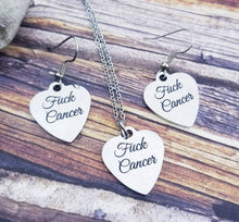 Load image into Gallery viewer, Fuck Cancer Necklace - Cancer Awareness Jewelry - Cancer Survivor Gift Set Fuck Necklace- Fuck Earrings Cancer Ribbon Jewelry Heart Necklace