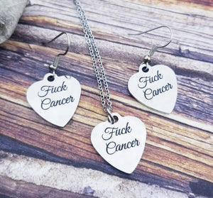 Fuck Cancer Necklace - Cancer Awareness Jewelry - Cancer Survivor Gift Set Fuck Necklace- Fuck Earrings Cancer Ribbon Jewelry Heart Necklace