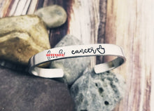 Load image into Gallery viewer, Fuck Cancer Bracelet - Middle Finger to Cancer - Cancer Survivor Gift - Silver Cancer Cuff Bracelet - End of Chemo Gift - Cancer Awareness