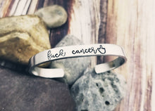 Load image into Gallery viewer, Fuck Cancer Bracelet - Middle Finger to Cancer - Cancer Survivor Gift - Silver Cancer Cuff Bracelet - End of Chemo Gift - Cancer Awareness