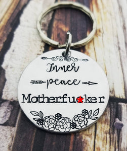 Inner Peace Motherfucker Keychain - Swear Words and flowers - Funny Gifts for Her - Hippie Gift - Best Friend gifts - Cursive Cuss Words