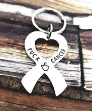 Load image into Gallery viewer, Fuck Cancer Keychain  - Heart Cancer Ribbon Keychain - Cancer Survivor Gift Silver Cancer Cuff Bracelet -End of Chemo Gift Cancer Awareness