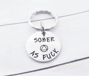 Sober As Fuck Keychain - Keychain Funny Inspirational Swear Word Gifts for Him - Sobriety gifts for Guys - Sober AF - 1 Year Sober