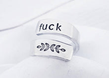 Load image into Gallery viewer, Fuck Ring - Silver Wrap Ring - Offensive Jewelry - Stamped Ring - Spiral Ring - Custom Rings - Flower Fuck Ring - Fuck Jewelry -Mature Gifts