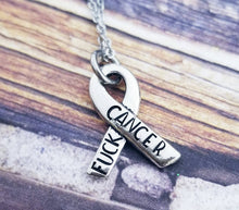 Load image into Gallery viewer, Fuck Cancer Ribbon Necklace - Fuck Cancer Necklace - Cancer Survivor Gift - Silver Cancer Ribbon Jewelry -Cancer Awareness Jewelry- F Cancer