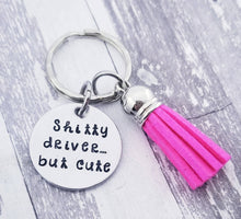 Load image into Gallery viewer, Shitty Driver but cute Keychain - Sweet 16 Gift Funny Keychain for Teen Driver Gifts Tassel Keychain Funny Gifts for Her New Driver Gifts