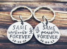 Load image into Gallery viewer, Bachelorette Party Gifts - Funny Couple Gift - Husband and Wife Keychains - Funny Bride and Groom Gifts - Same Penis Forever  - Mature Boobs