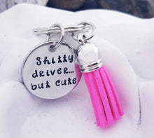 Load image into Gallery viewer, Shitty Driver but cute Keychain - Sweet 16 Gift Funny Keychain for Teen Driver Gifts Tassel Keychain Funny Gifts for Her New Driver Gifts